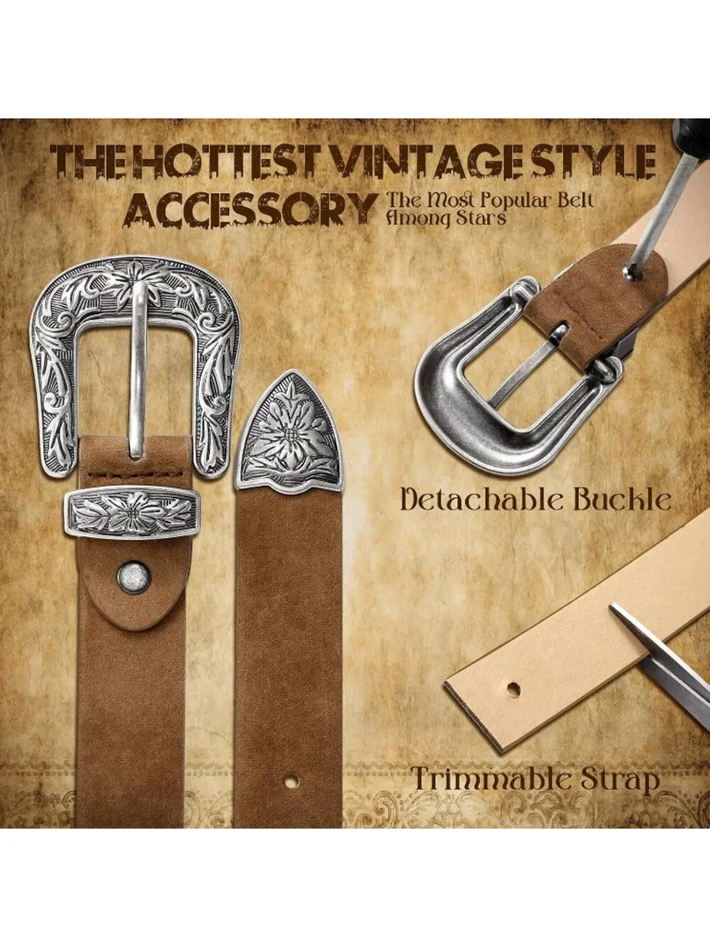 Women's Brown(suede) Leather Waist Belt Vintage Western Design Silver Buckle